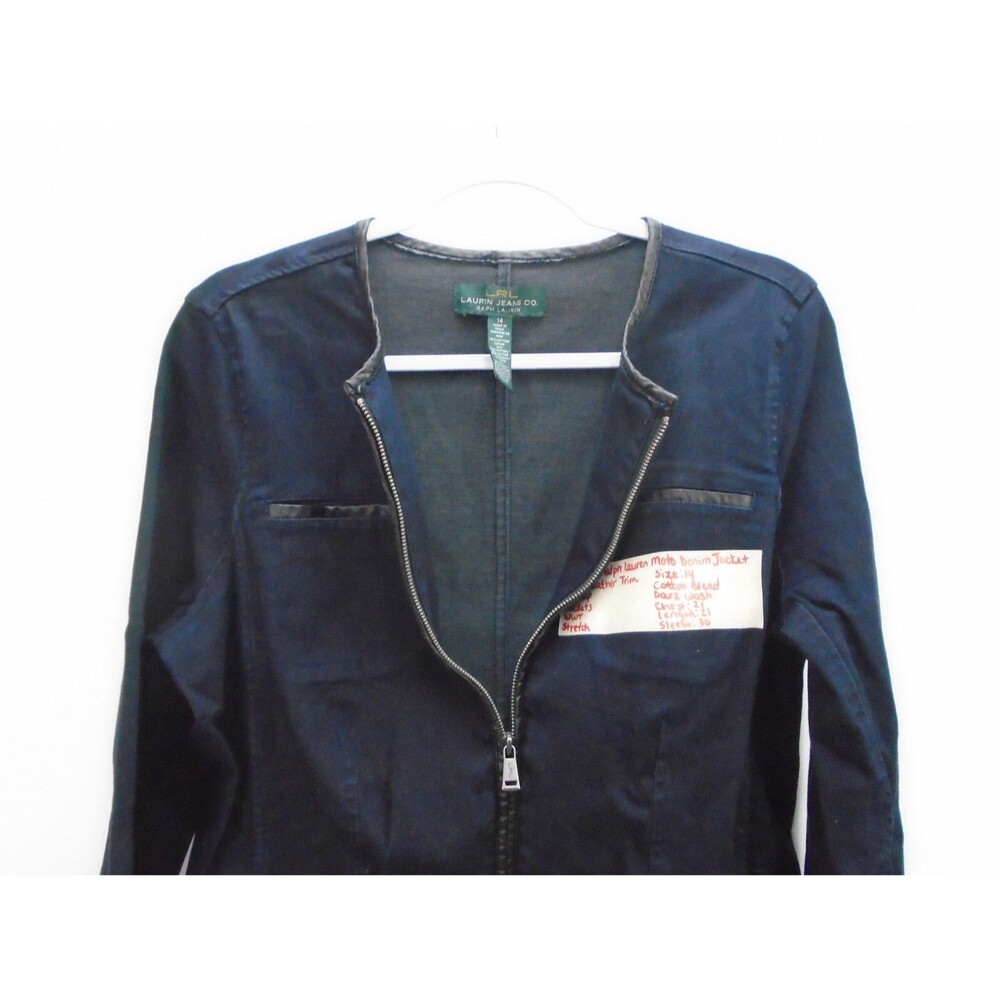 Ralph Lauren Womens Denim Biker MOTO Jacket Size 14 Dark Wash Faux Leather Trim - Picture 3 of 10